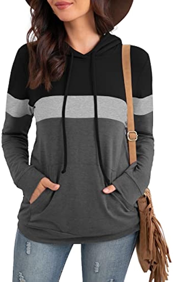 PrinStory Womens Hoodies Pullover Sweatshirts Tunic Top Color Block Long Sleeve Fall Drawstring Tops With Pocket