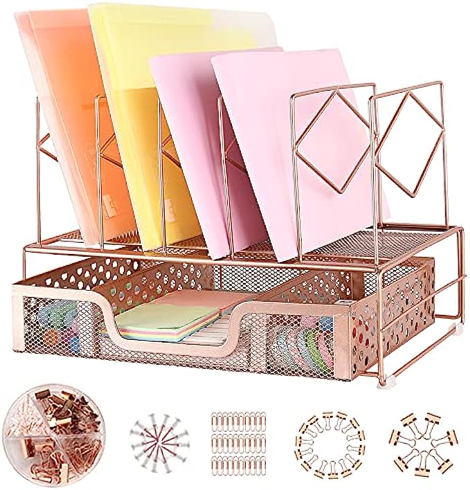 Spacrea Rose Gold Desk Organizers - File Organizer Desk Accessories with 5 Vertical File Folder Holders &amp; Sliding Drawer, Office Supplies for Workspace College Dorm Home(Binder Clips Included)