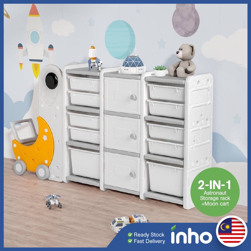 INHO Kids Living Room Astronaut Storage Cabinet Toy Storage Rack Organizer Multifunction Kids Shelf &amp; Moon Cart