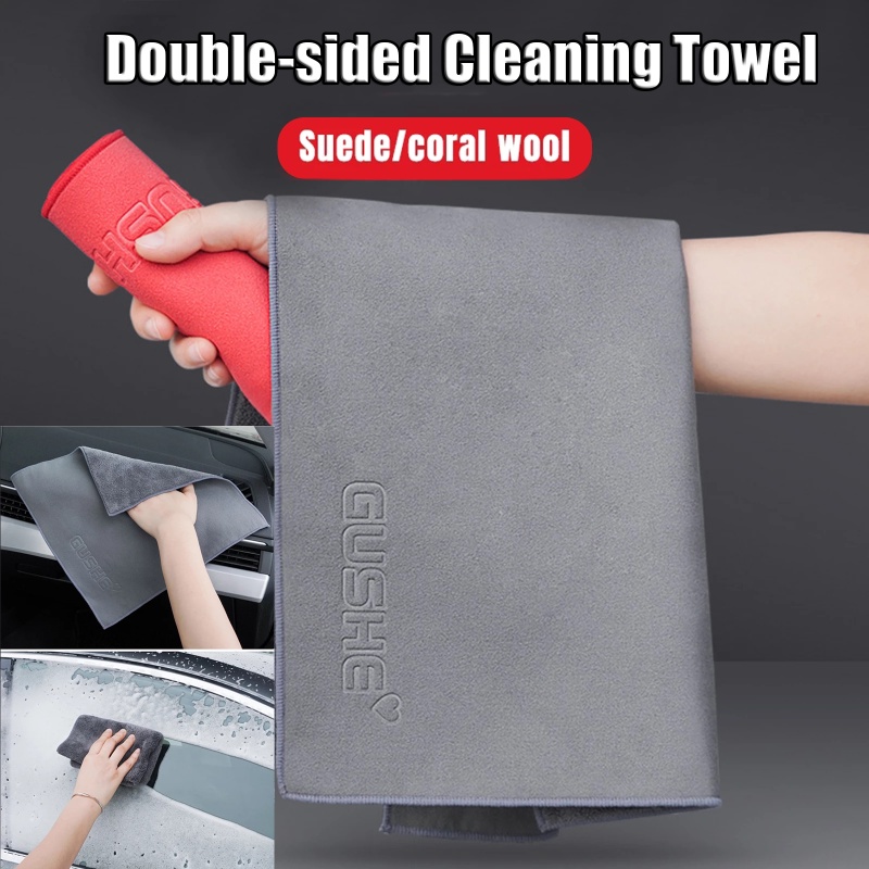 Thicken Soft Microfiber Car Towel Double-sided Suede Coral Velvet Super Absorbent Car Drying Towel Household Automobile Washing Glass Cleaning Cloths Auto Detailing Wash Cloth