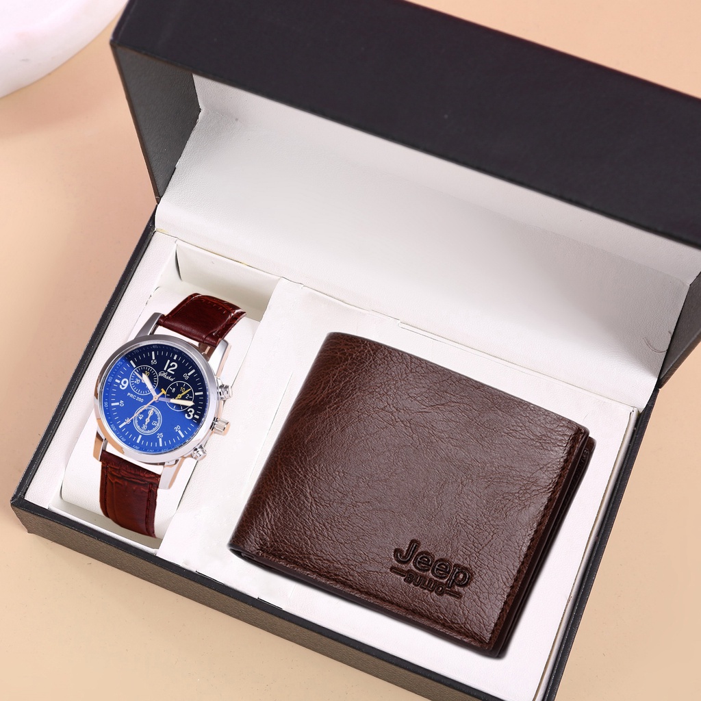 2PCS Men  Watch Wallet Set Business Multi Color Round Dial PU Leather Strap Quartz Watches Exquisite Wallet NOBOX