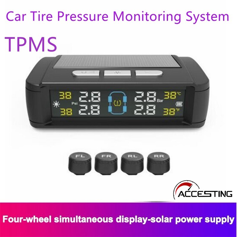 TPMS Universal Tire Pressure Alarm Monitoring System Car Tire Pressure Monitoring System Solar Panel USB Charging Smart Car with 4 External Sensors Real-time LCD Display