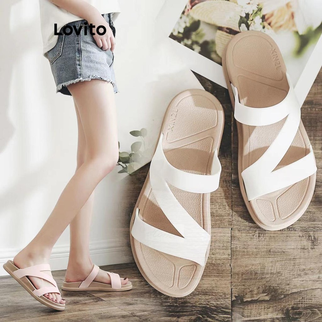 Lovito Casual Plain Tie Straw Flat Sandals for Women LFA31014