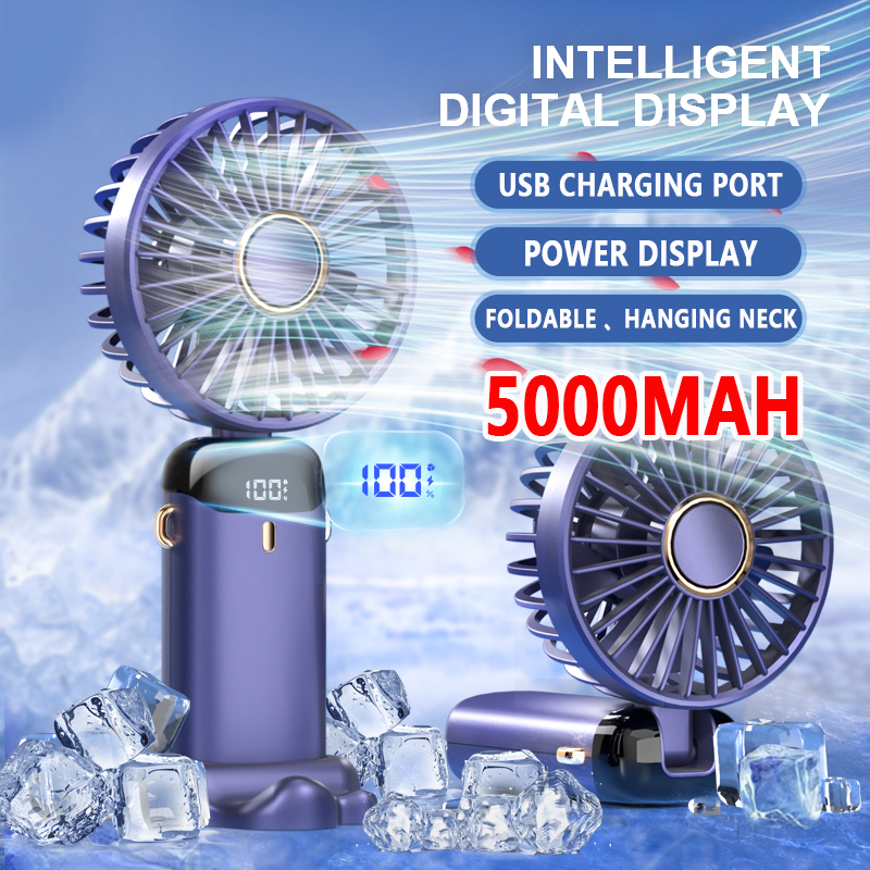 5 Modes handheld fan mini portable foldable small fan digital display office student small fan gift USB charging 5000mA battery（1pcs）